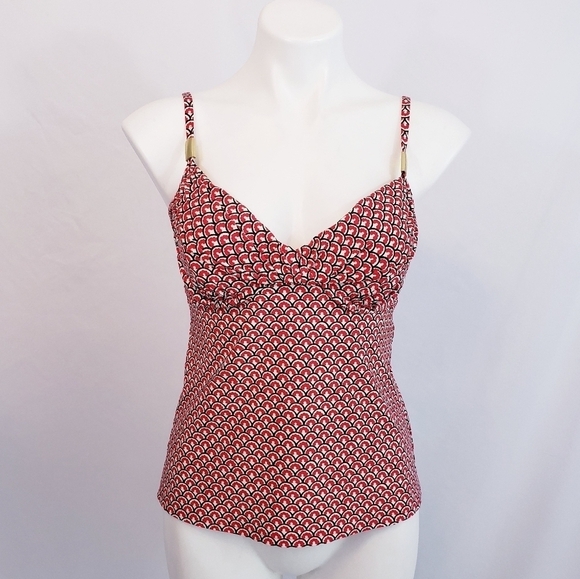 Land's End Geometric Tankini Swimsuit Top Swimwear Red White - Picture 1 of 11